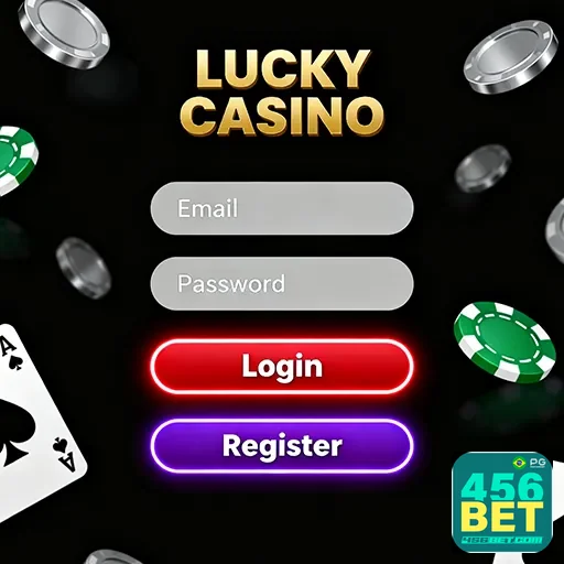 Tela de login de cassino online com celular e computador ao lado de fichas de jogo